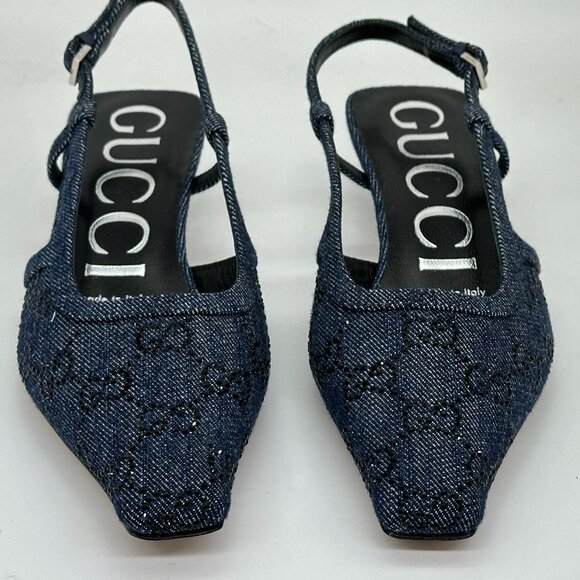 Gucci Crystal GG Monogram Demi Slingback Pumps Kitten Heels Sandals Shoes - Picture 7 of 16